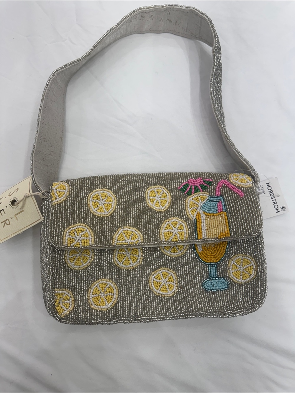 Beaded Gray Lemon Pattern Shoulder Bag with Tropical Cocktail Accent